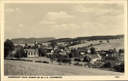 Ak Cunnersdorf Hohnstein Sächsische Schweiz, Totalansicht mit Kl. und Gr. Zschirnstein