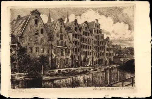 Künstler Ak Hansestadt Lübeck, Alte Speicher an der Obertrave