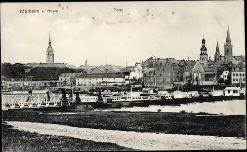 Ak Mülheim Köln am Rhein, Totalansicht, Schiffsbrücke, Dampfer