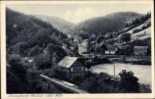 Ak Mellenbach Glasbach im Schwarzatal, Teilansicht vom Ort, Bahnstrecke