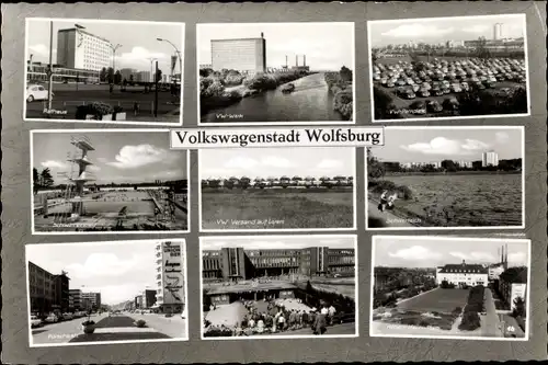 Ak Wolfsburg in Niedersachsen, Schwimmbad, Rathaus, Straßenpartie