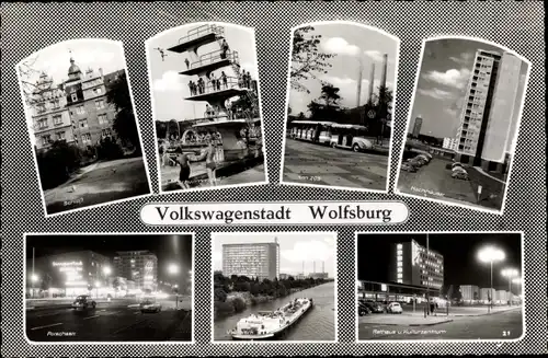 Ak Wolfsburg in Niedersachsen, Volkswagenstadt, Schloss, Schwimmbad, ZOB, Hochhäuser