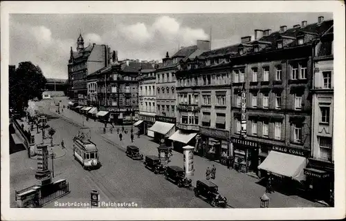 Ak Saarbrücken im Saarland, Reichstraße, Straßenbahn, Autos