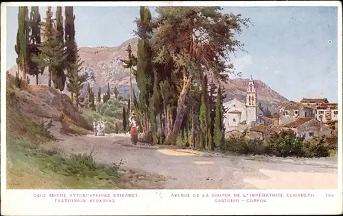 Künstler Ak Gastouri Korfu Griechenland, Avenue de la Source de l'Imperatrice Elisabeth