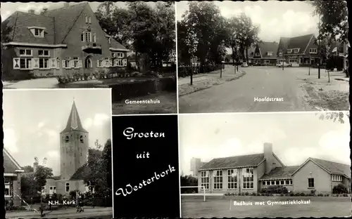 Ak Westerbork Drenthe Niederlande, Gemeentehuis, Hoofdstraat, N. H. Kerk, Badhuis