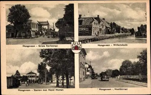 Ak Hoogeveen Drenthe, Hoofdstraat, Grote Kerkstraat, Willemskade, Station met Hotel Homan