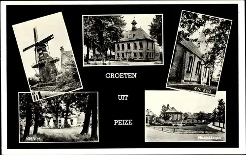 Ak Peize Drenthe Niederlande, Korenmolen, Gemeentehuis, Pastorie, N. H. Kerk, Muziekkoepel