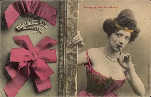 Ak Langage des Couleurs, Rouge Ecarlate, Prudence, Frauenportrait