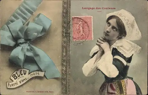 Ak Langage des Couleurs, Bleu, Pureté d'Ame, Piété, Frauenportrait