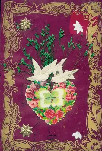 Zelluloid Ak Tauben, Rosen, Glücksklee, Pflanze