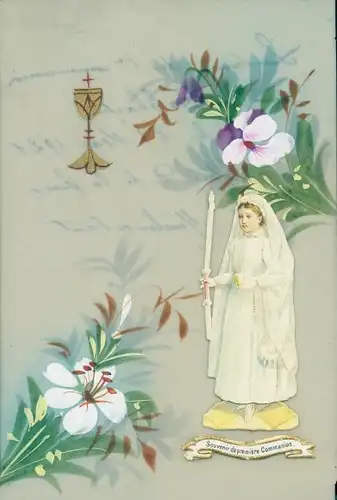 Zelluloid Ak Souvenir de premiere Communion, Mädchen in weißem Kleid, Blumen, Kelch
