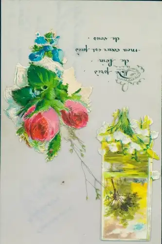 Zelluloid Ak Maiglöckchen, Rosen, Kitsch