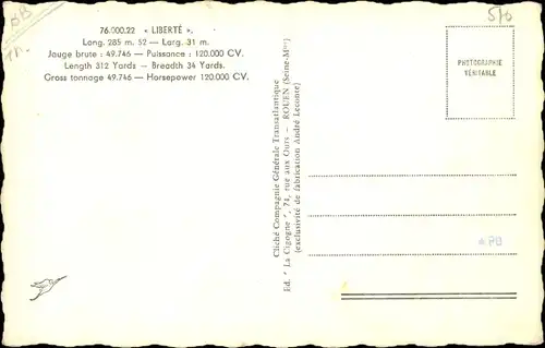 Ak Paquebot Liberté, CGT, French Line