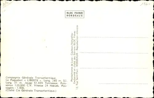 Ak Paquebot Liberté, CGT French Line