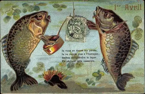 Präge Litho 1. April, Ier Avril, Zwei vermenschlichte Fische, Angelhaken