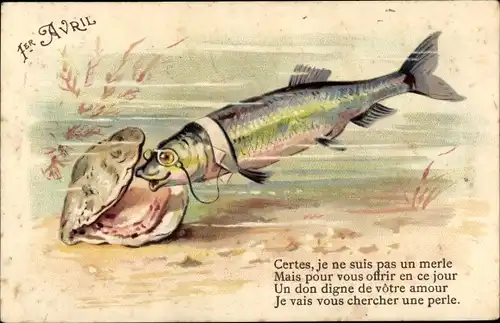 Präge Litho 1. April, 1er Avril, Fisch mit Monokel schaut in eine Muschel