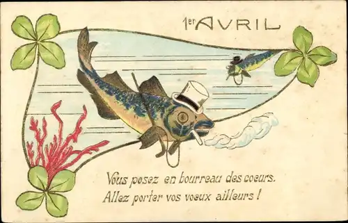 Präge Litho 1. April, Ier Avril, Vermenschlichter Fisch mit Zigarette und Zylinder, Kleeblätter