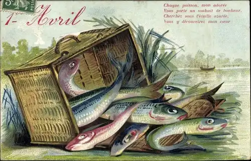 Präge Litho 1. April, Ier Avril, Gefangene Fische in einem Korb