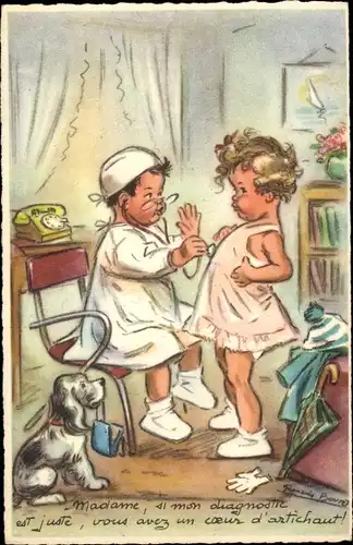 Künstler Ak Bouret, G., Mädchen beim Arzt, Untersuchung, Stethoskop, Hund