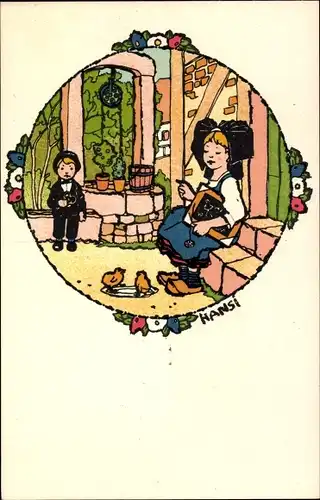Künstler Ak Hansi, Elsässerin, Mädchen mit Schultafel, Küken, Brezel