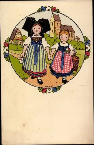 Künstler Ak Hansi, Elsässer Mädchen in Trachten