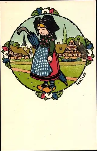 Künstler Ak Hansi, Mädchen in Elsässer Volkstracht, Schirm