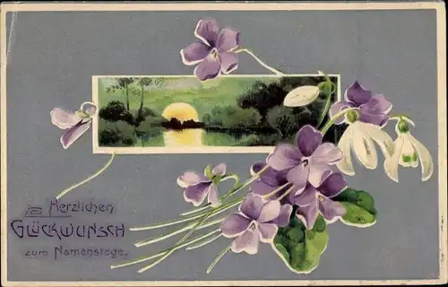 Präge Ak Glückwunsch Namenstag, Veilchen, Landschaftsmotiv