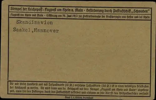 Ak Flugpost Rhein u. Main, Beförderung durch Postluftschiff Schwaben, Postkartenwoche Darmstadt 1912