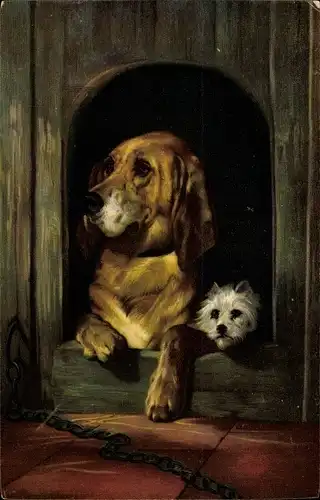 Künstler Ak Landseer, Edwin, Würde und Dreistigkeit, Hund in Hundehütte, kleiner weißer Terrier