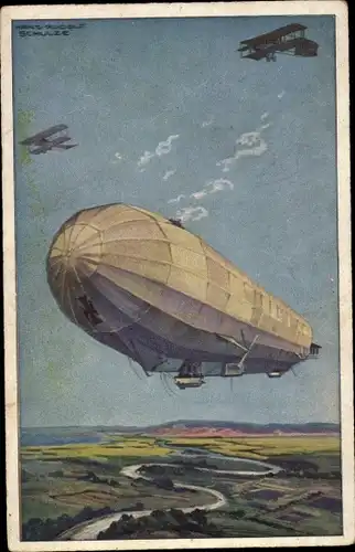 Künstler Ak Schulze, Hans Rudolf, Zeppelin Luftschiff Hansa im Kampf mit feindl. Fliegern, I WK