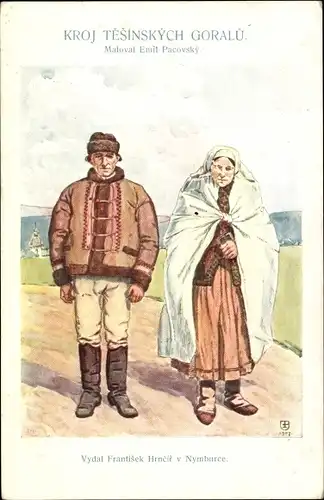 Künstler Ak Pacovsky, Emil, Nymburk Mittelböhmen, Paar in tschechischen Trachten