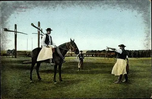 Ak Hirten, Pferde, Koppel, Hortobágy, Ungarn, Männer in Trachten