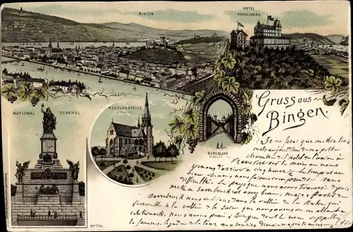 Litho Bingen am Rhein, Nationaldenkmal, Kapelle, Hotel, Totalansicht