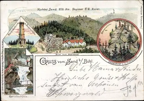 Litho Sand Bühl in Baden Schwarzwald, Badener Höhe mit Friedrichsturm, Gertelbachfälle, Bärenstein
