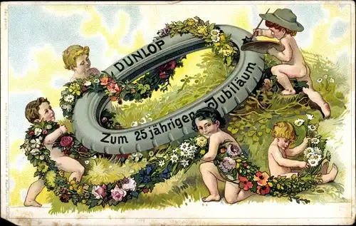 Künstler Ak Reklame Dunlop Reifen, 25. Jubiläum, Blumengirlande