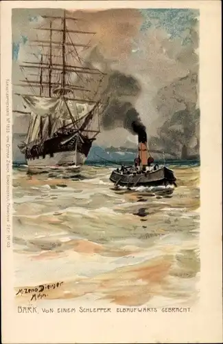 Künstler Litho Diemer, Zeno, Bark von Schlepper elbaufwärts gebracht