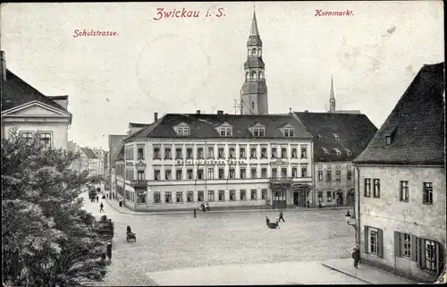 Ak Zwickau in Sachsen, Kornmarkt, Blick in die Schulstraße, Hotel zur grünen Tanne