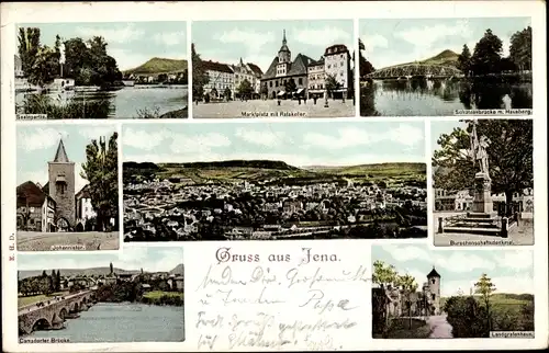 Ak Jena in Thüringen, Johannistor, Saalepartie, Marktplatz m. Ratskeller, Schützenbrücke m. Hausberg