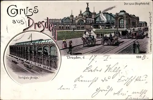 Litho Dresden Zentrum Altstadt, Der neue Hauptbahnhof, Hochgleis Anlage, Pferdestraßenbahn