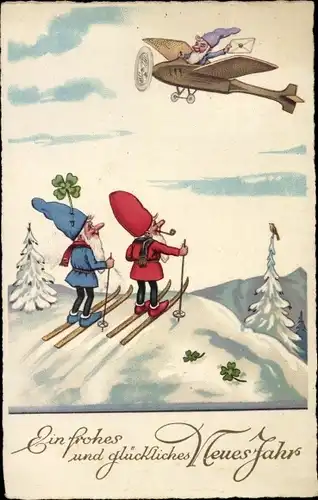 Künstler Ak Baumgarten, Fritz, Glückwunsch Neujahr, Zwerge auf Skiern und im Flugzeug, Kleeblätter