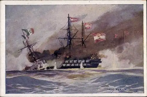 Künstler Ak Heusser, Harry, Österreichisches Kriegsschiff, SMS Kaiser rammt Re di Portogallo