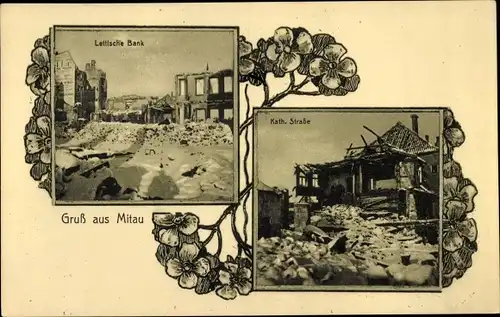 Passepartout Ak Jelgava Mitau Lettland, Lettische Bank, Kath. Straße, Kriegszerstörung I. WK