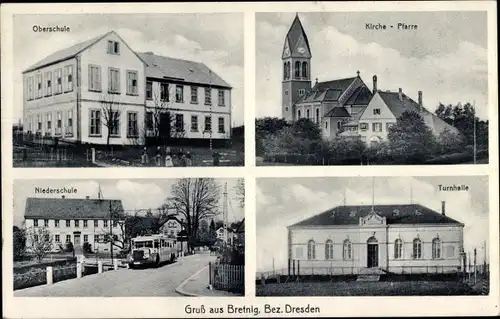 Ak Bretnig Großröhrsdorf in Sachsen, Oberschule, Kirche, Pfarre, Niederschule, Autobus, Turnhalle