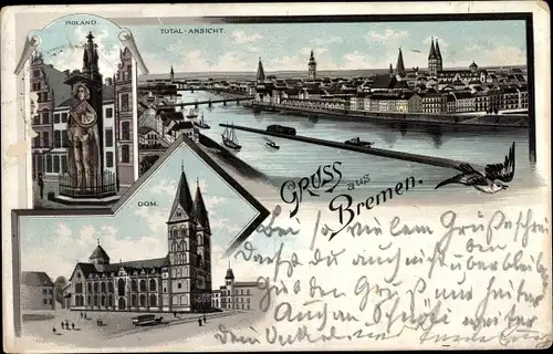 Litho Hansestadt Bremen, Roland, Dom, Totalansicht