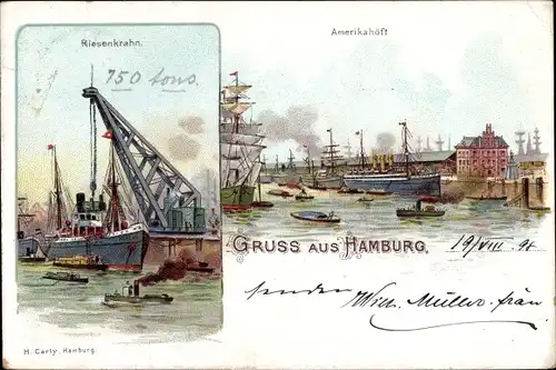 Litho Hamburg, Hafen, Riesenkrahn, Amerikahöft