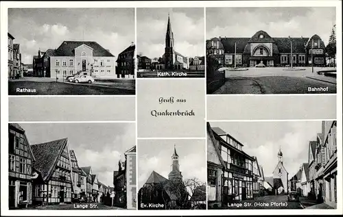 Ak Quakenbrück in Niedersachsen, Rathaus, Katholische Kirche, Bahnhof, Lange Straße, Kirche