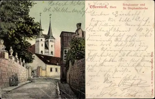 Ak Osterwieck am Harz, Schulzentor und St. Stephanikirche