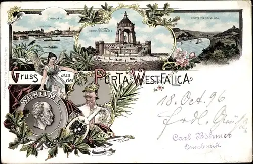 Litho Porta Westfalica an der Weser, Denkmal Kaiser Wilhelm I., Minden, Eichenlaub