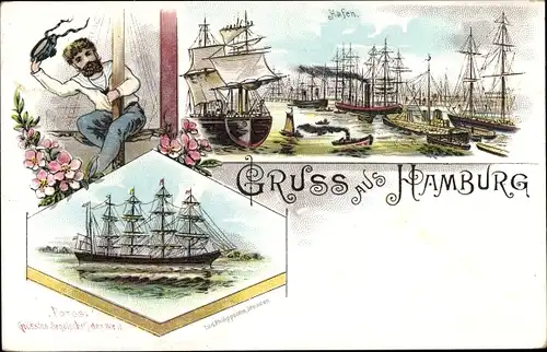 Litho Hamburg, Hafen, Segelschiffe, Seemann