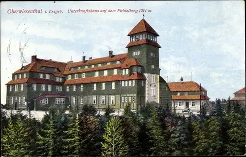 Ak Oberwiesenthal im Erzgebirge, Unterkunftshaus auf dem Fichtelberg